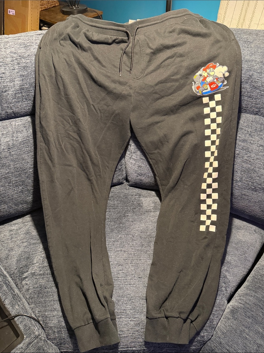 Black Graphic Checkered Jogger Pants with Racing Patch